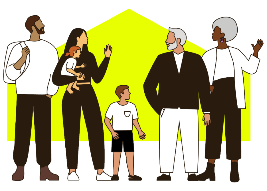 family group illustration in front of yellow shape