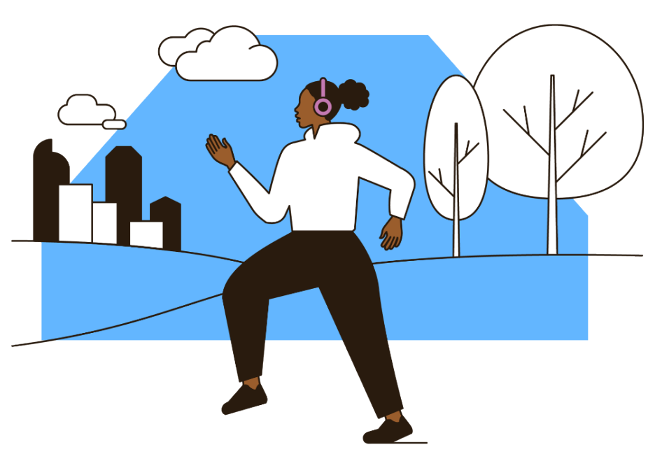 illustration of runner in a park setting in front of a blue shape