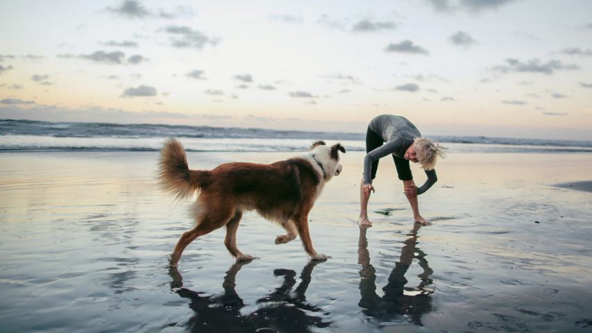 mature woman walking the dog on the beach