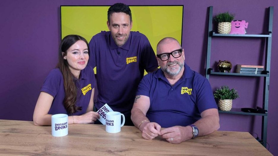 Rachel, Jonny, and Roger at the Pension Geeks TV.