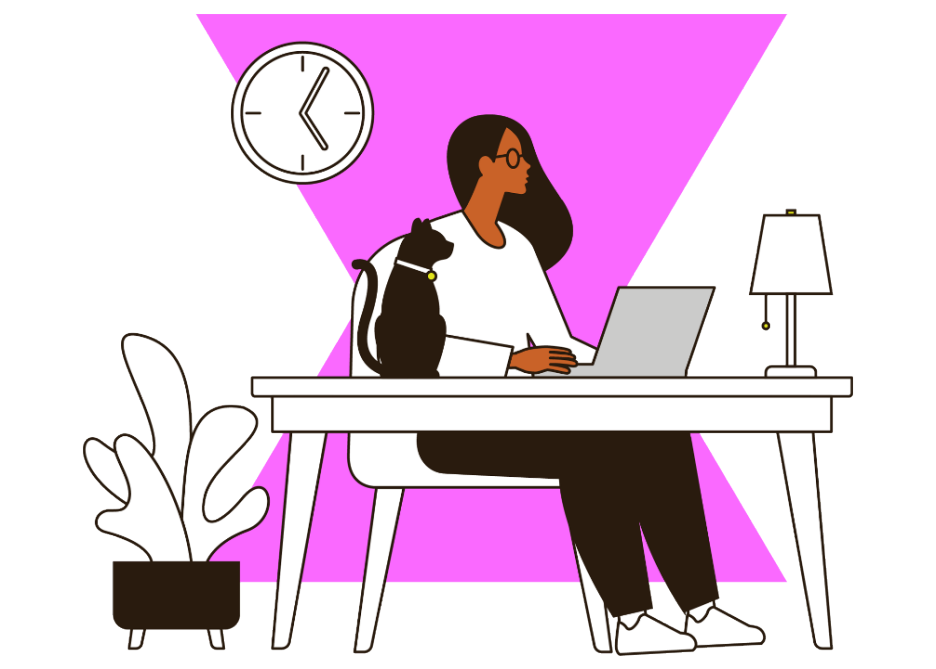 Illustration of woman with laptop with a pink shape